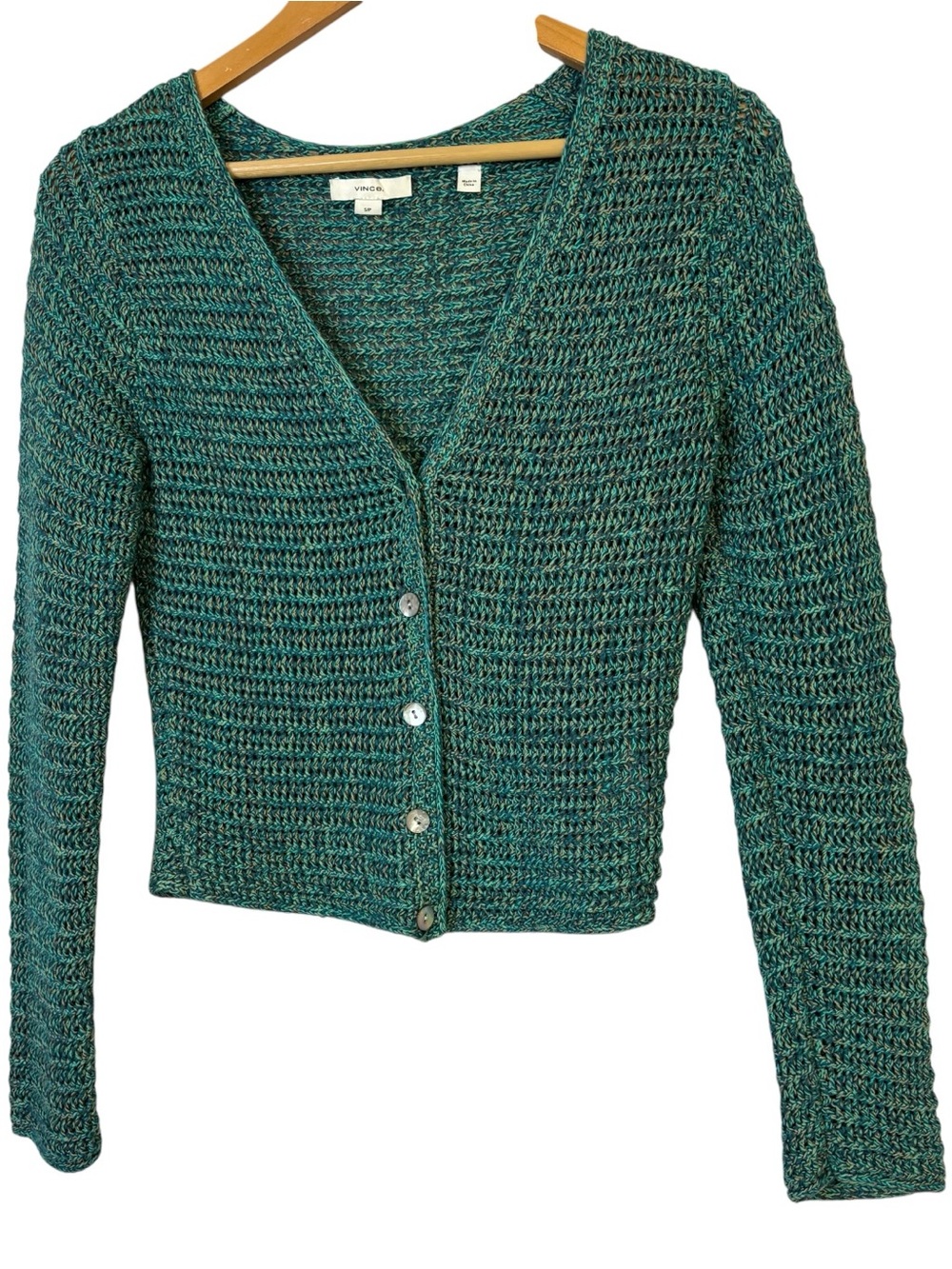 Vince Marl Open Knit Cropped Cardigan Sweater Teal Blue Green Women’s Size S